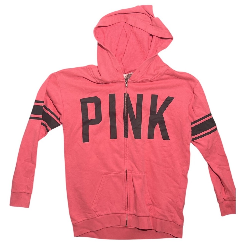 PINK Victoria's Secret Women's S Coral Pink Full Zip Hoodie Sweatshirt Logo‎